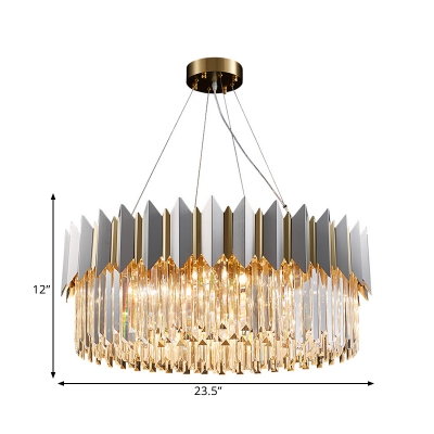 Drum Shaped Clear Crystal Pendant Simple 8-Head Chrome Hanging Chandelier over Dining Table