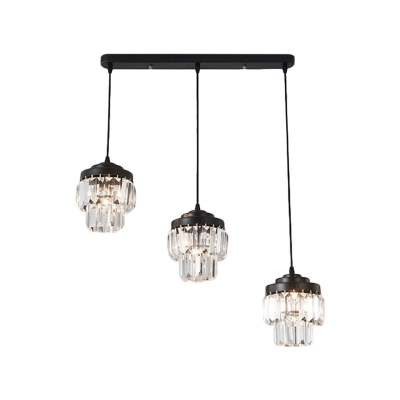 Dual-Layered Multi Pendant Light Fixture Modern Crystal Block 3 Lights Black Suspension Lamp with Linear/Round Canopy