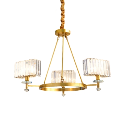 Gold Circle Chandelier Light Post-Modern Crystal Prism 3/6 Heads Living Room Hanging Pendant
