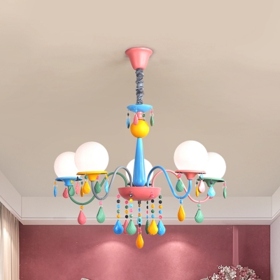 Kids Style Candle Suspension Pendant Metal 3/5/6 Lights Nursery Ceiling Chandelier in Pink-Yellow with Shade/Shadeless