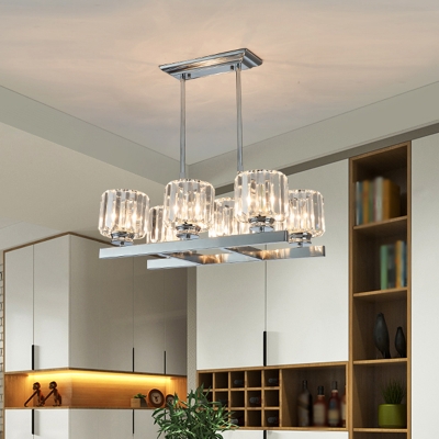 Modern Column Shade Ceiling Lamp Clear Crystal 6-Light Island Pendant in Chrome for Dining Room