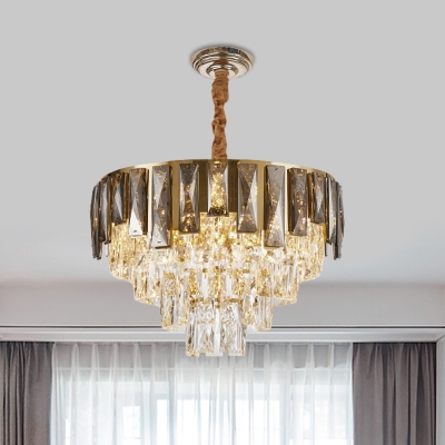 Modern Tapered Pendant Lighting Fixture Smoke Gray Crystal 6 Lights Ceiling Chandelier in Gold