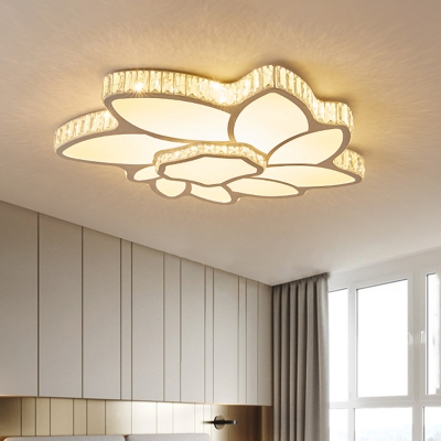 Modernity Flower Flush Light Fixture Acrylic LED Bedroom Ceiling Lamp in Chrome with Crystal Edge, Warm/White Light