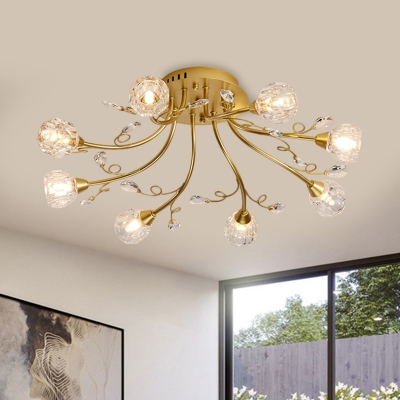Modo Semi Flush Mount Light Fixture Simple Crystal 8 Lights Dining Room Ceiling Lamp in Gold with Sputnik Design