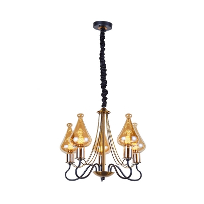 Post Modern 5/8 Bulbs Pendulum Light with Amber Glass shade Black-Gold Teardrop Shape Ceiling Chandelier