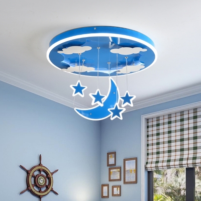 Round Hanging Lamp Cartoon Metallic Pink/Blue LED Suspension Pendant with Moon and Star Decoration