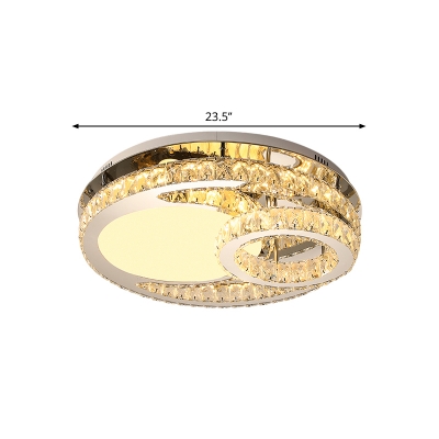 Round LED Semi Flush Light Modern Crystal Stainless-Steel Ceiling Mounted Fixture for Bedroom, 19.5