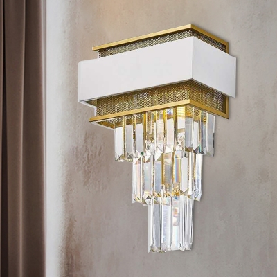 Round/Retangle Tiered Crystal Flush Mount Postmodern 3 Lights Parlor Wall Sconce Lighting in White-Brass