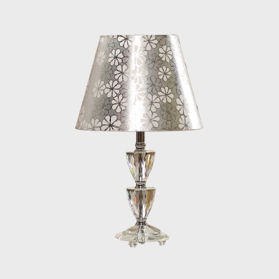 Single Tapered Shade Night Table Light Traditional White/Silver Patterned Fabric Desk Lamp