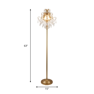 Traditional Scroll Floor Light 3-Bulb Crystal Stand Up Lamp in Gold for Living Room