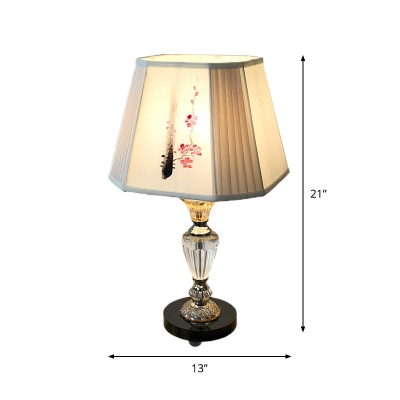 Trapezoid Night Table Light Modernist Plum Blossom Patterned Fabric 1 Light Beige Desk Lamp with Clear Crystal Base