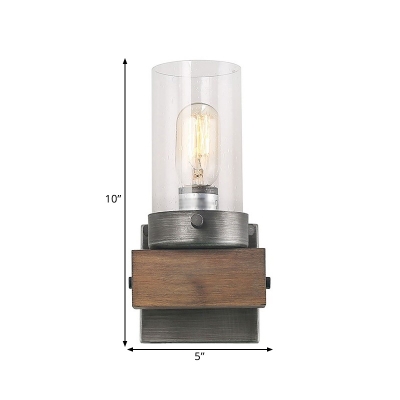 1/2-Bulb Cylinder Wall Mount Light Cottage Brown Transparent Glass Wall Sconce for Restaurant