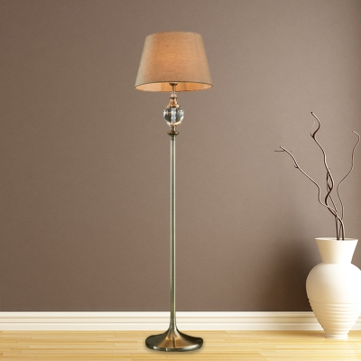 1 Head Conical Reading Floor Light Country Beige/Coffee Fabric Floor Lamp with Urn Crystal Deco