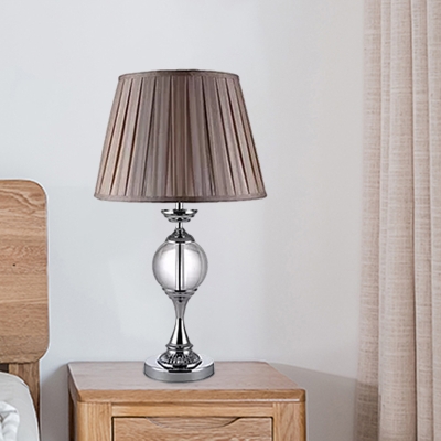 1-Head Pleated Shade Night Table Light Classic Beige Fabric Table Lamp with Crystal Ball Deco