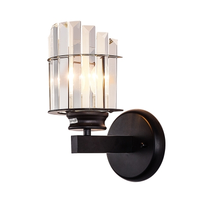 1-Light Half Shade Wall Lamp Retro Black Tri-Sided Crystal Prism Sconce Lighting Fixture for Living Room