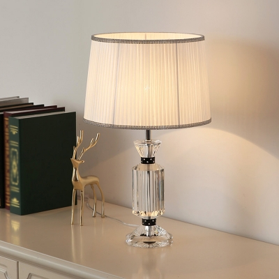 1 Light Nightstand Light Contemporary Drum Pleated Fabric Shade Night Table Lamp in White/Blue with Crystal Base