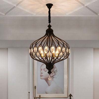 4/6-Bulb Lantern Chandelier Postmodern Black/Gold Crystal Embedded Hanging Ceiling Light over Dining Table