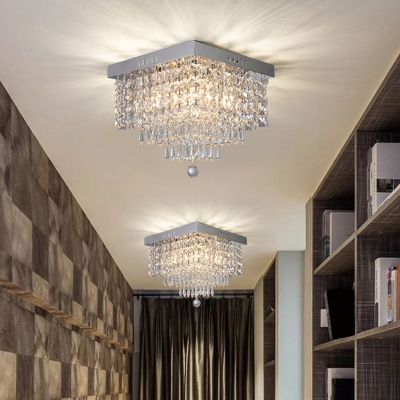 2/4 Bulbs Square Tiers Flush Mount Modern Style Clear Crystal Drapes Close to Ceiling Light, 10