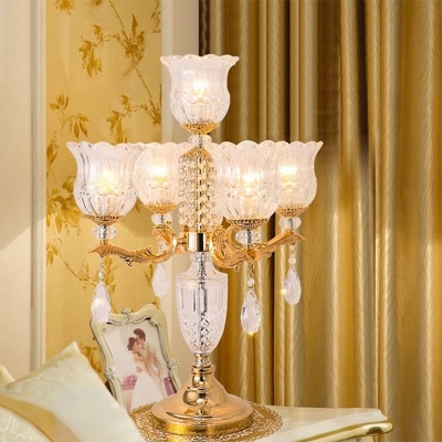 5-Head Faceted Crystal Nightstand Lamp Vintage Gold Finish Cup-Shaped Bedroom Table Light with Urn Base