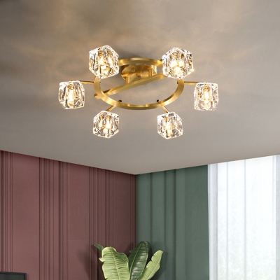 Brass 6/8 Bulbs Semi Flush Ceiling Light Post-Modern Clear Crystal Cube Circular Flush-Mount Light Fixture