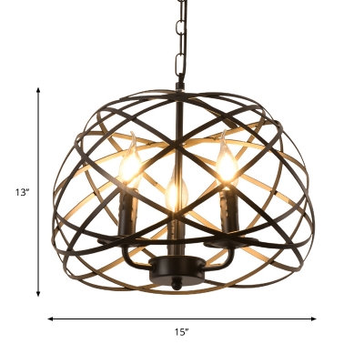 Candle Restaurant Ceiling Chandelier Retro Style Metallic 3-Head Black Suspension Light with Cage Design