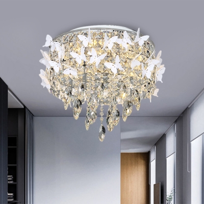 Clear/Amber Crystal Drum Ceiling Lamp Modern Stylish Bedroom LED Flushmount with Drapes and Butterfly, Warm/White Light