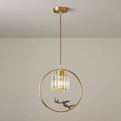 Clear Crystal Cylinder Hanging Lamp Contemporary 1-Light Pendant Lighting Fixture with Bird/Dragonfly Decoration
