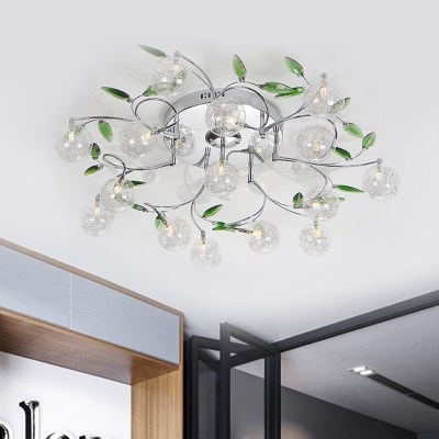 Clear Crystal Globe Semi Mount Lighting Modern 15 Bulbs Ceiling Light Fixture in Chrome with Spiral Design