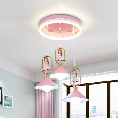 Cone Multi Pendant Light Kids Style Metal 3 Bulbs Pink Ceiling Hang Fixture with Cartoon Girl Deco