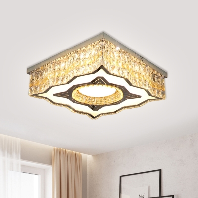 Contemporary Square LED Ceiling Lamp Beveled Crystal Flush Light Fixture with Wavy Edge in Stainless Steel