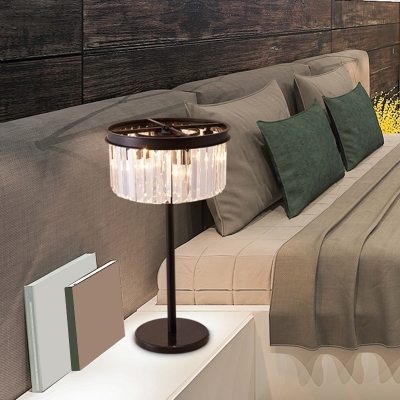 Crystal Prism Drum Table Lamp Minimalistic 4-Light Living Room Nightstand Light in Black