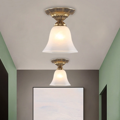 Flared Opaline Glass Ceiling Flush Antique 1 Bulb Restaurant Flush Mount Light Fixture in Brass