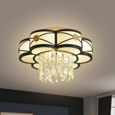 Frosted Glass Flower Ceiling Flush Modern 4/10 Bulbs Living Room Flush Light in Black with Crystal Drop, 16