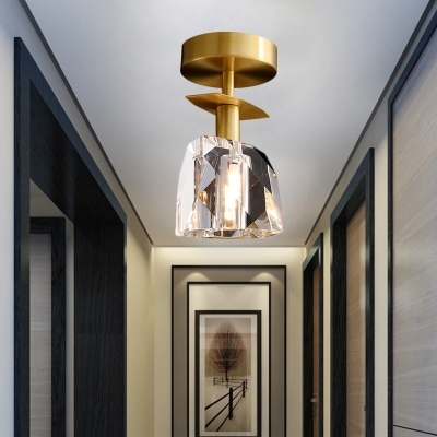 Gem-Shape Prismatic Crystal Ceiling Lamp Postmodern 1 Head Foyer Semi Mount Lighting in Brass