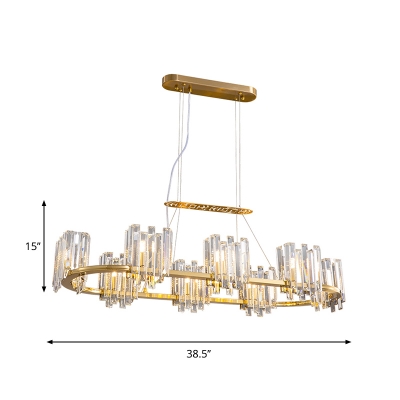 Gold Oblong Island Light Fixture Postmodern Crystal Prism 8 Heads Kitchen Hanging Lamp