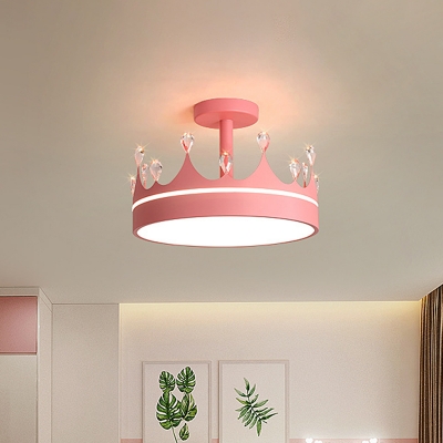 Kids Crown Semi-Flush Ceiling Fixture Acrylic Girls Bedroom LED Flush Mount Lighting in Pink/Blue/Gold