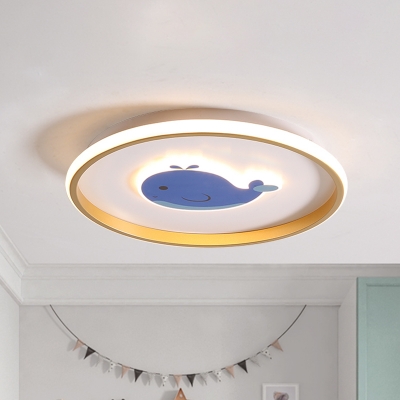 LED Baby Room Ceiling Mounted Light Cartoon Blue Flush Lamp with Airplane/Elephant/Fish Metallic Shade
