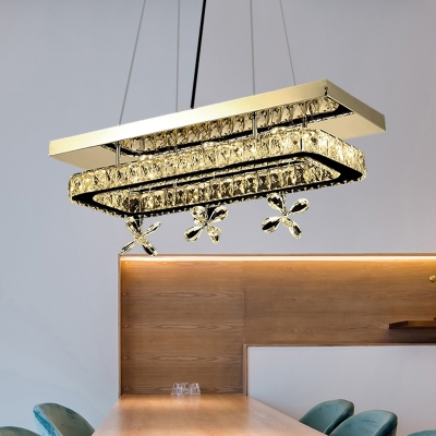 LED Hanging Island Light Modern Dining Room Pendant Lighting with Rectangle Crystal Frame in Chrome
