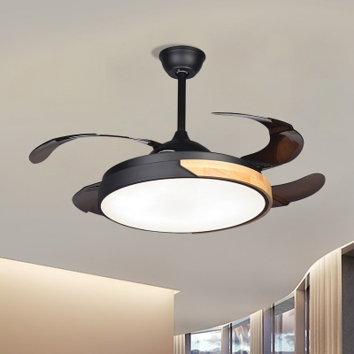 Metallic Circle 4 Blades Semi Flush Contemporary LED Hanging Fan Lamp in Black, 42