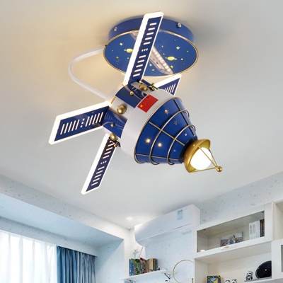 Metallic Spacecraft Flush Mount Fixture Cartoon LED Blue Flushmount Lighting for Kids Room