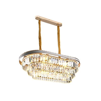 Modern Layered Oblong Pendant Lamp 8 Heads Clear Crystal Hanging Light over Island