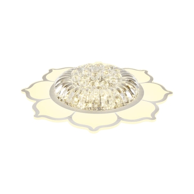 Modern LED Flush Light White Lotus Close to Ceiling Lighting with Clear Crystal Shade in Warm/White Light