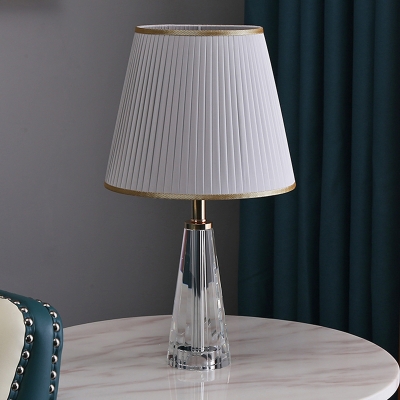Modernism Barrel Shade Desk Lamp Pleated Fabric Single Living Room Table Light in Grey/Pink/Blue with Cone Crystal Base
