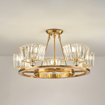 Postmodern Circle Flush Chandelier 5-Head Crystal Prism Semi Flush Mount Ceiling Light in Gold