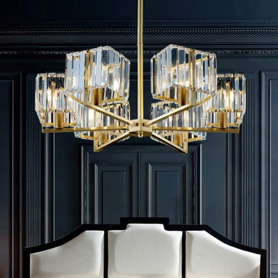 Postmodern Radial Hanging Light 4/6 Bulbs Crystal Cube Chandelier Lighting in Gold for Bedroom