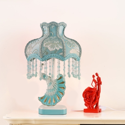 Resin Peacock Night Light Nordic Style 1-Bulb Pink/Blue Table Lamp with Scalloped Fabric Shade