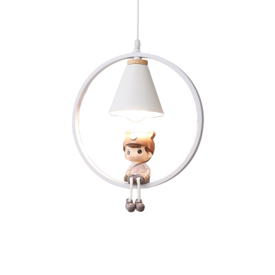 Ring and Cone Metal Pendulum Light Cartoon 1-Bulb Black/White Pendant Lighting with Boy/Girl/Sika Deer Deco