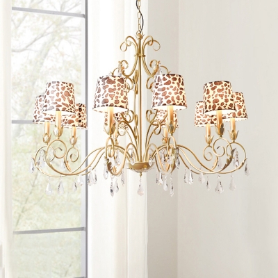 Traditional Candelabra Pendant Chandelier 6/8/10 Lights Metallic Hanging Lamp Kit in Gold with Leopard Print Fabric Shade
