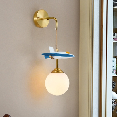 1 Bulb Brass Sphere Wall Lamp Kids Style Opal Glass Wall Mounted Light Fixture with Airplane Deco