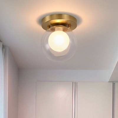 1-Bulb Ceiling Mounted Fixture Colonial Style Double Global Shade Clear and Opal Glass Flushmount in Brass